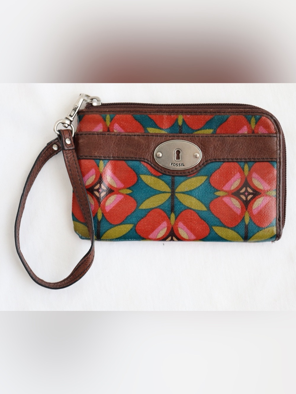 Fossil Key Per Wristlet Wallet Pink/Blue/Green Coated Canvas Brown Leather